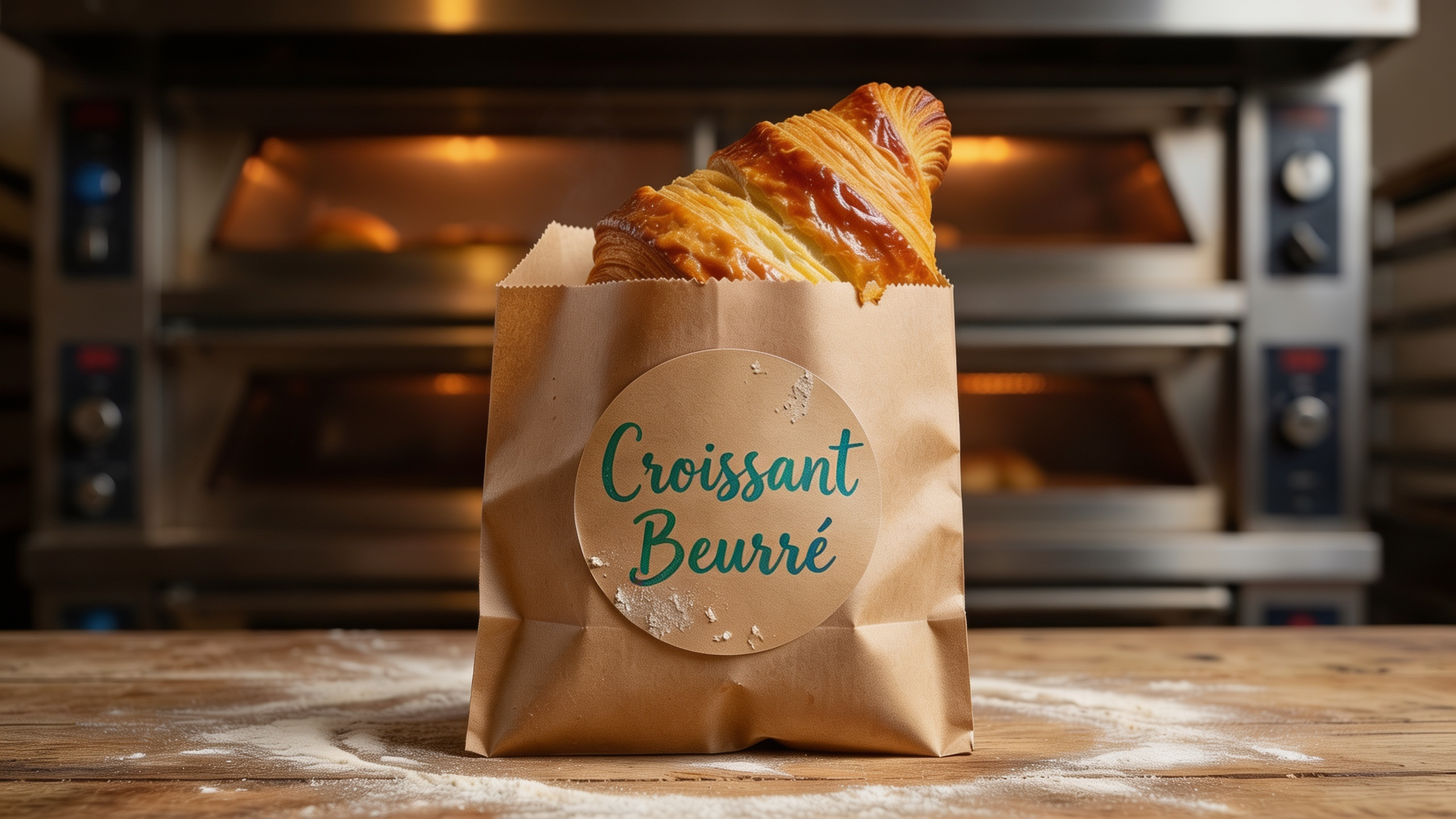 Légende : Étiquette adhésive personnalisée en papier kraft pour viennoiserie de boulangerie artisanale.